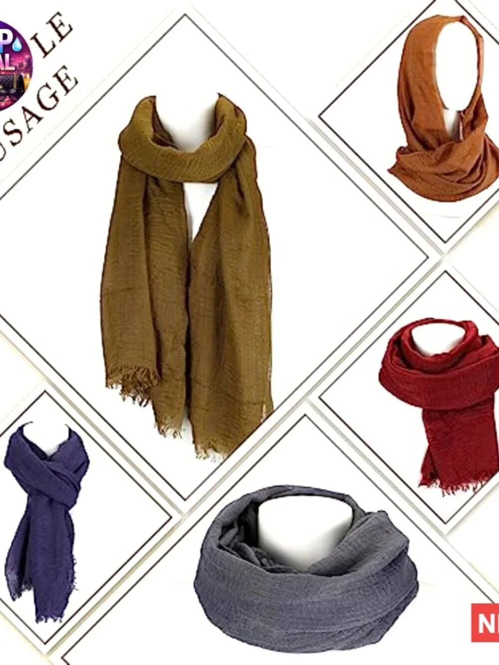 Cotton and Linen Blend Crinkle Scarf Shawl Set of 6 Multi-Purpose Wrap